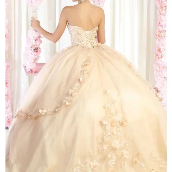 Champagne Gold Formal Ball Gown.Wedding Quinceanera strapless prom dress - Picture 3 of 5